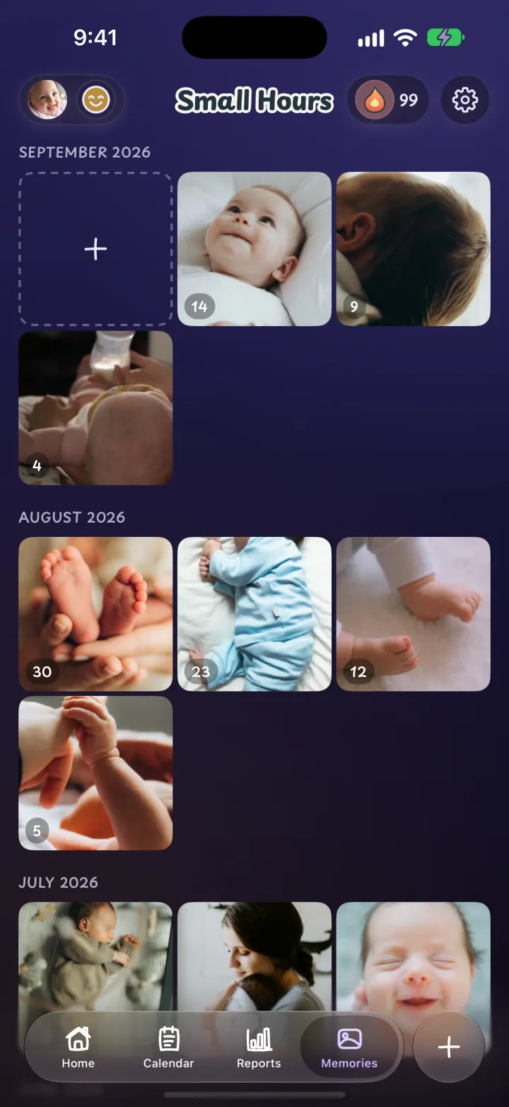 The memories grid with photos of Mila from June to September.