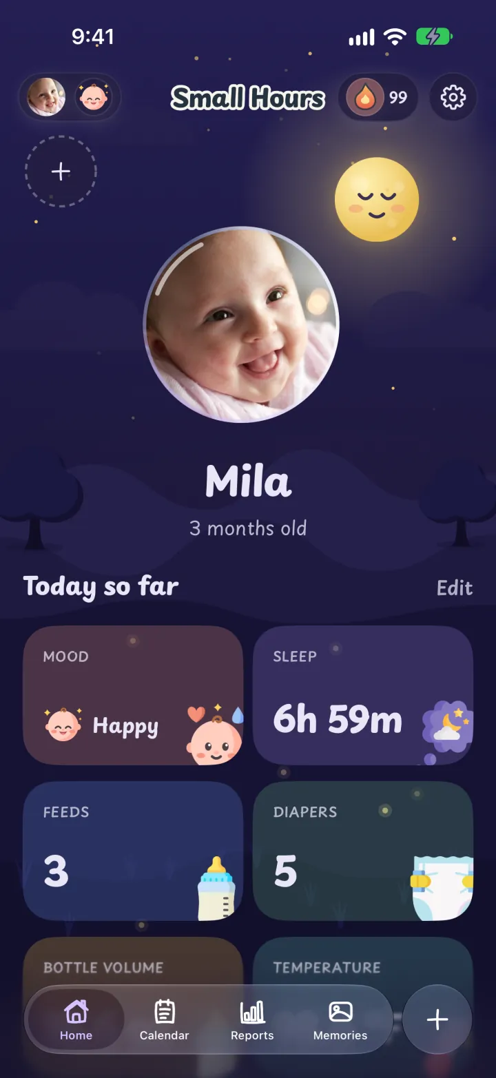 The Small Hours Home screen with Mila's photo and today's mood, sleep, feeds and diapers.