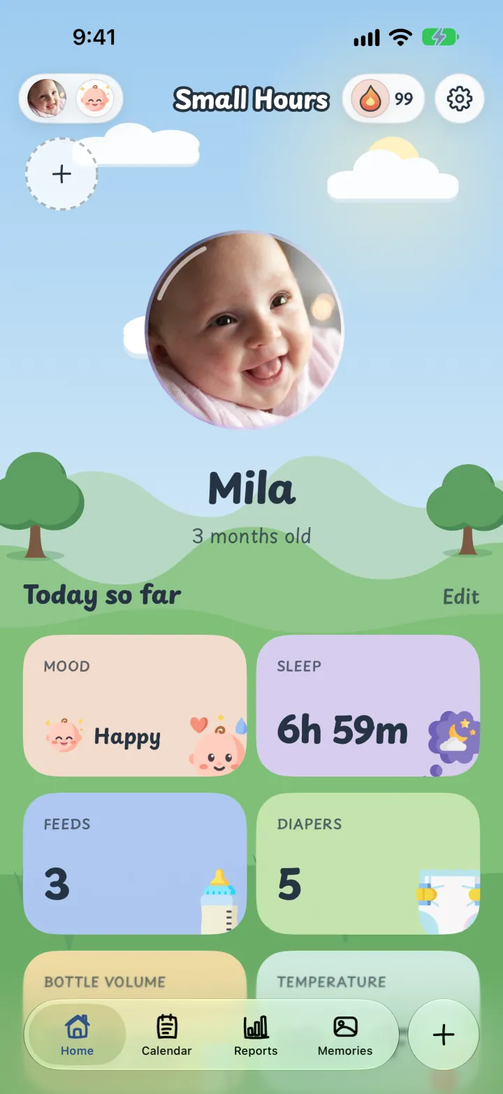 The Small Hours Home screen with Mila's photo and today's mood, sleep, feeds and diapers.