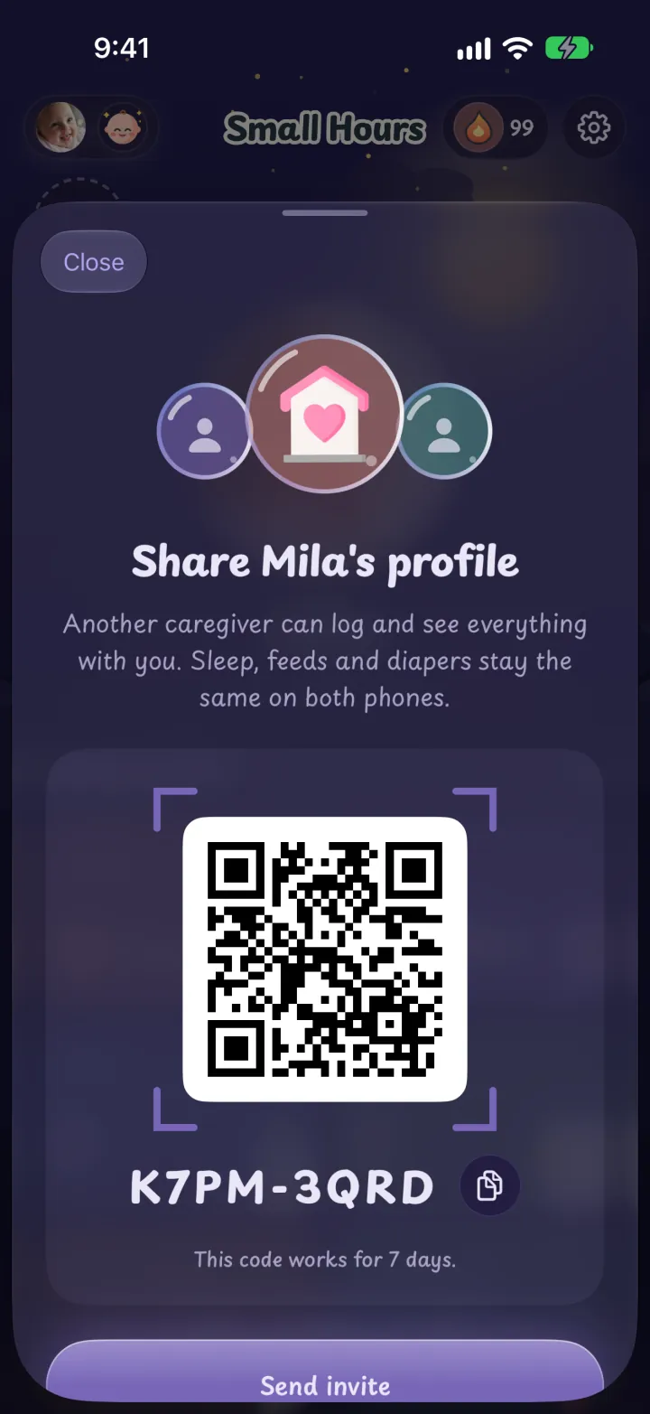 The share screen with an invite code.