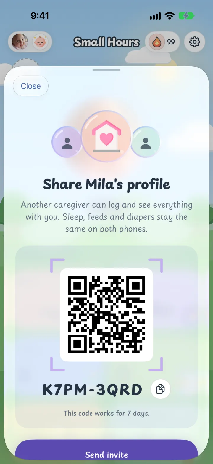 The share screen with an invite code.