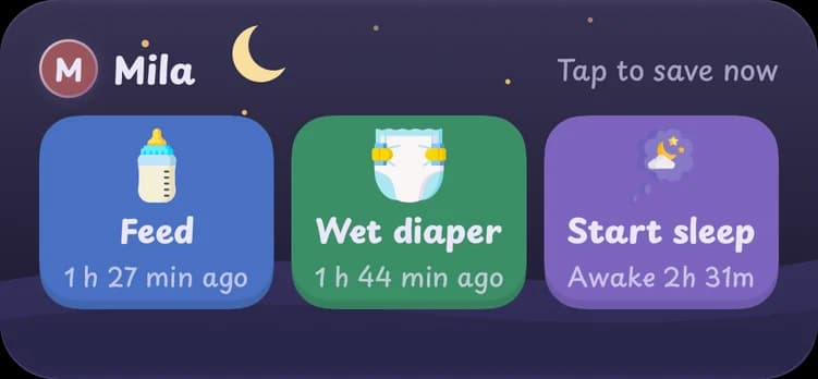 The Small Hours Home Screen widget with buttons for a feed, a wet diaper and sleep.
