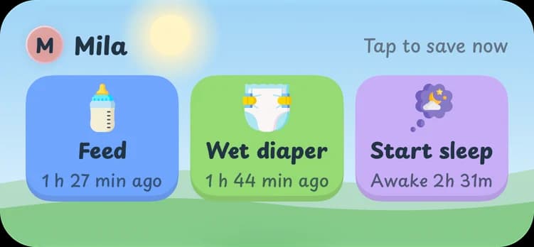 The Small Hours Home Screen widget with buttons for a feed, a wet diaper and sleep.